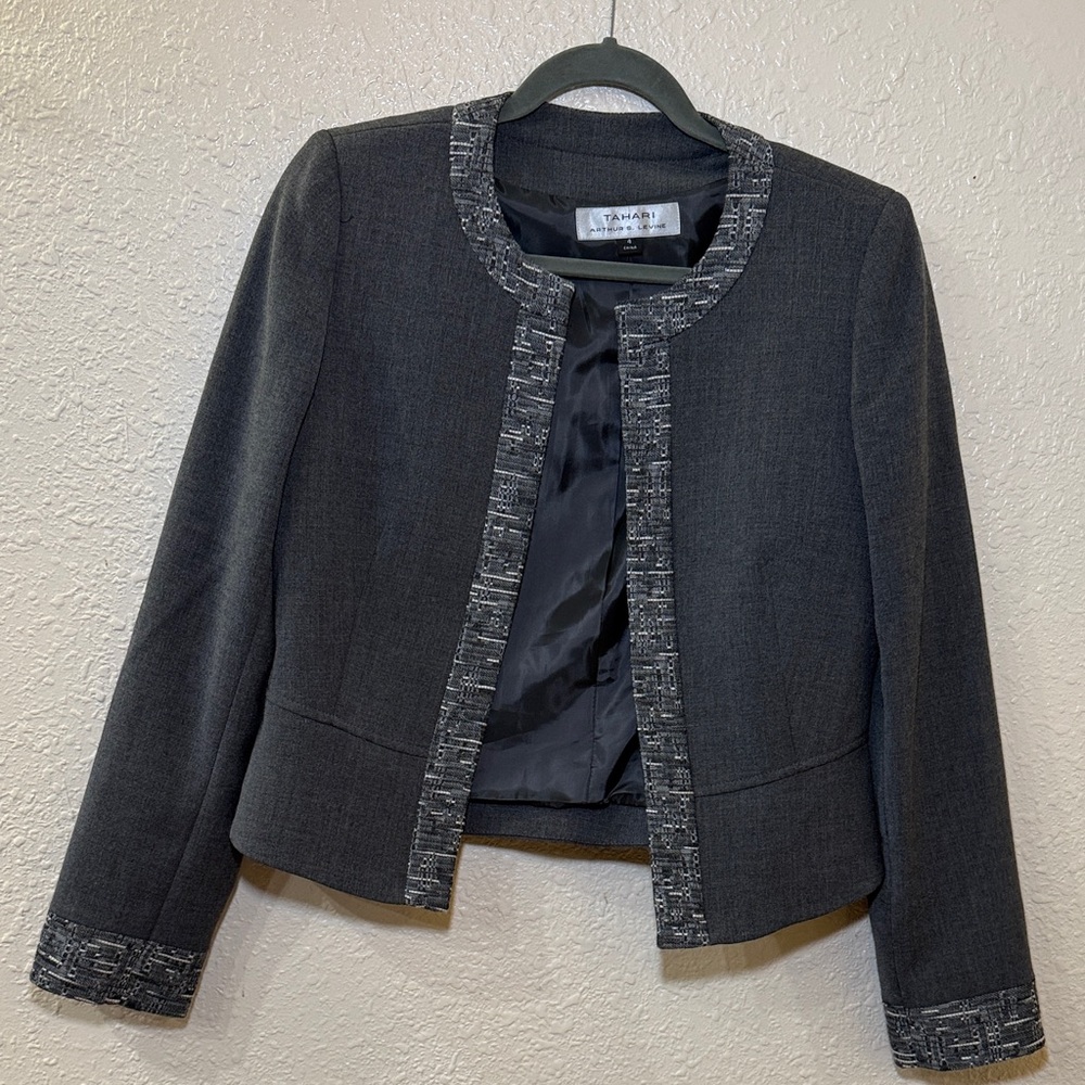 Tahari Charcoal Cropped Blazer with Tweed Trim